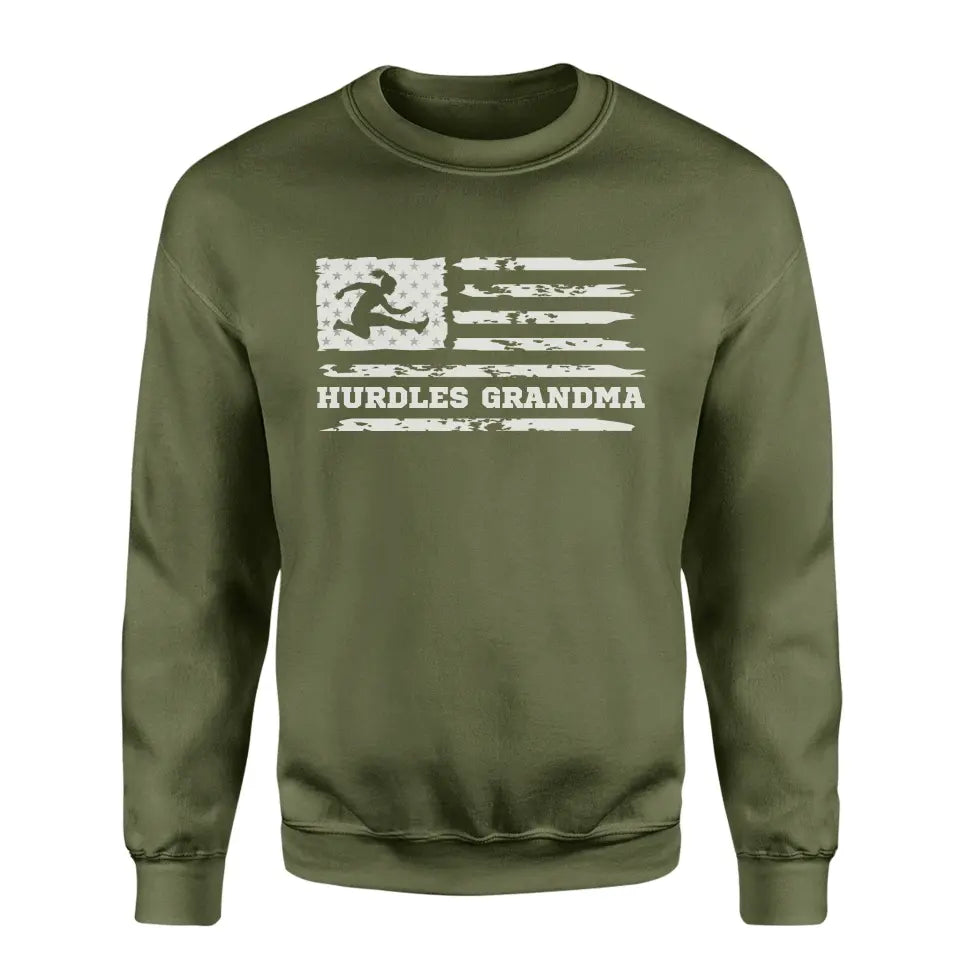 hurdles grandma horizontal flag on a sweatshirt with a white graphic