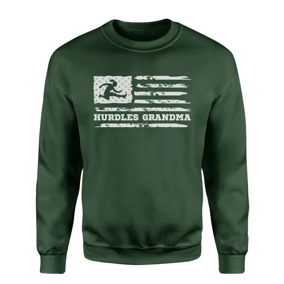 hurdles grandma horizontal flag on a sweatshirt with a white graphic