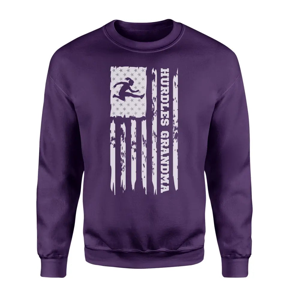 hurdles grandma vertical flag on a sweatshirt with a white graphic