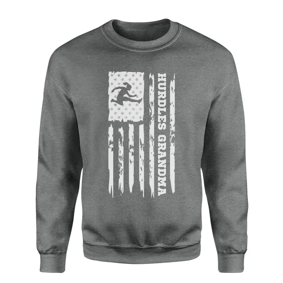 hurdles grandma vertical flag on a sweatshirt with a white graphic