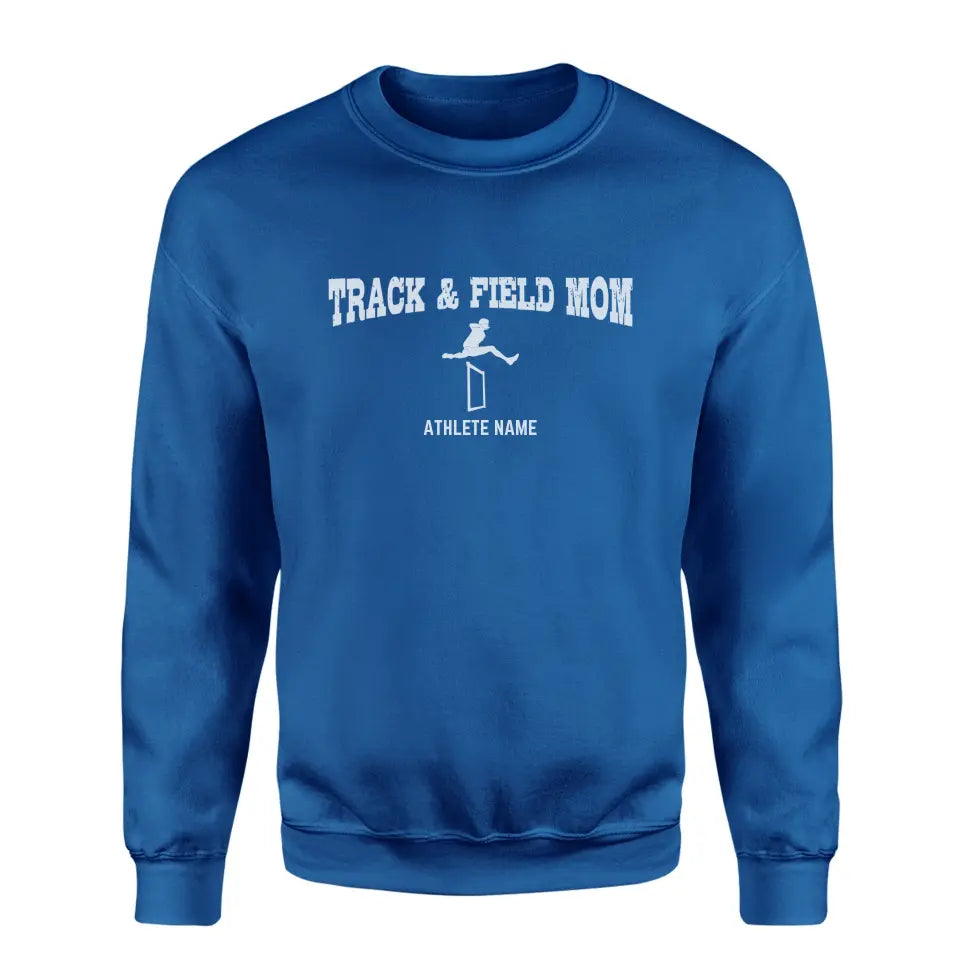 hurdles mom with hurdler icon and hurdler name on a sweatshirt with a white graphic