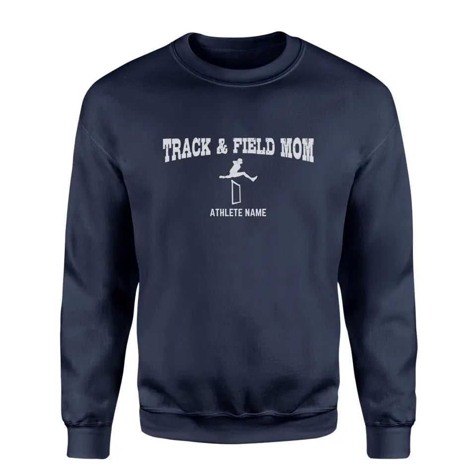 hurdles mom with hurdler icon and hurdler name on a sweatshirt with a white graphic