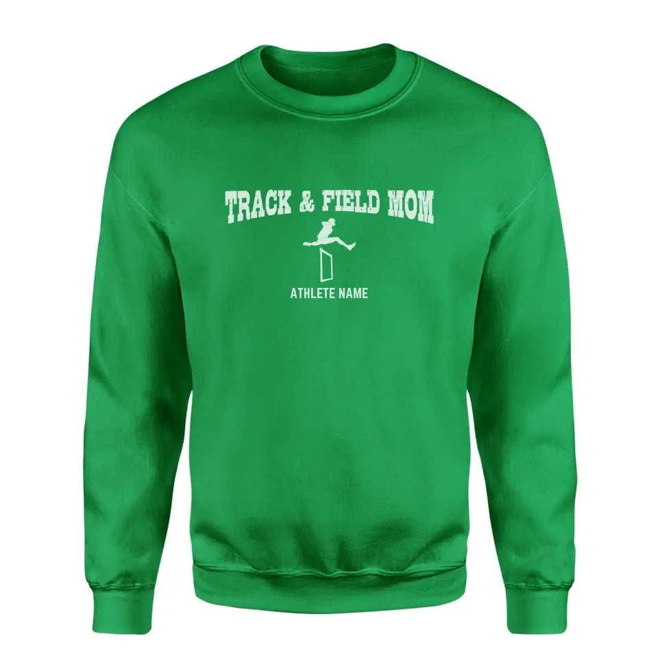 hurdles mom with hurdler icon and hurdler name on a sweatshirt with a white graphic