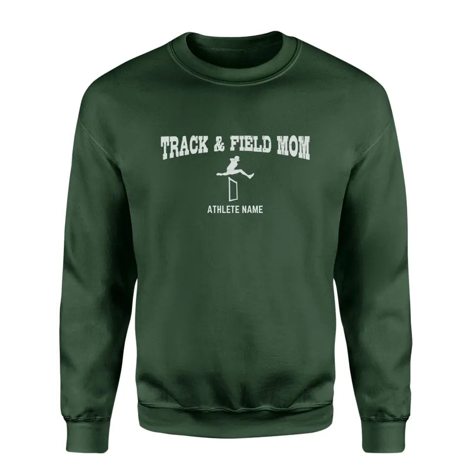 hurdles mom with hurdler icon and hurdler name on a sweatshirt with a white graphic