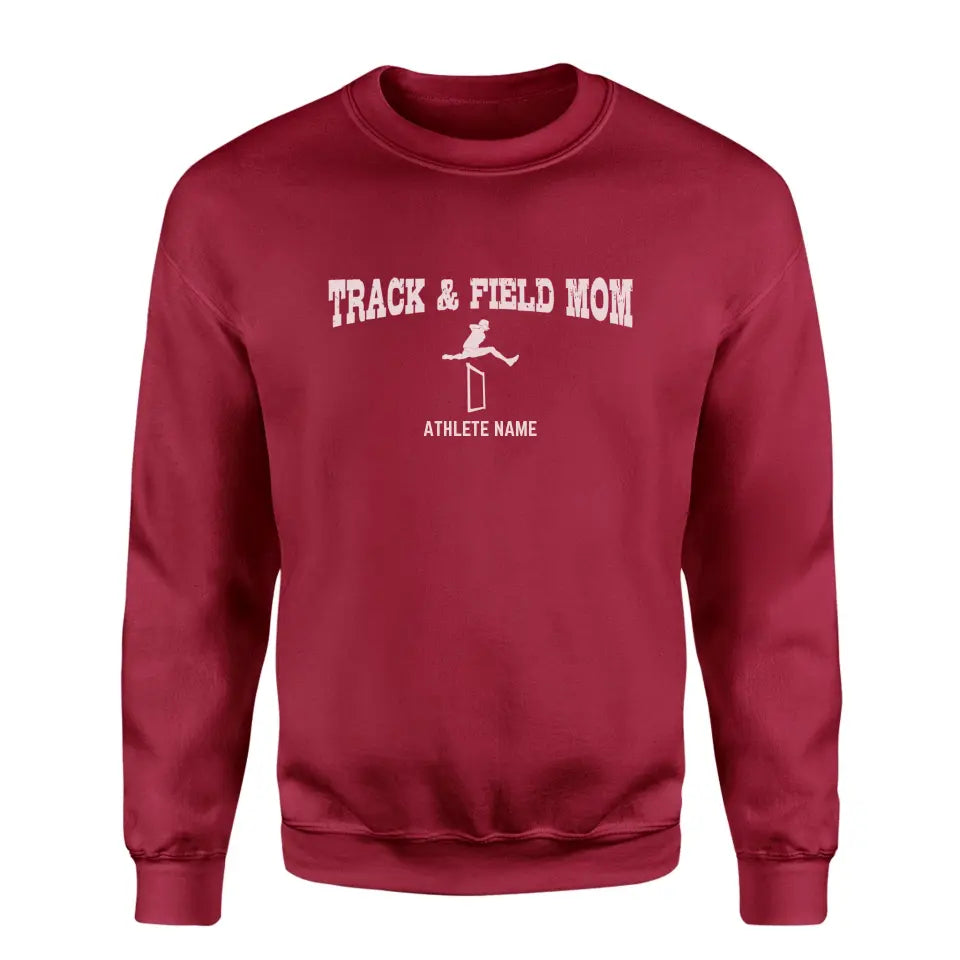 hurdles mom with hurdler icon and hurdler name on a sweatshirt with a white graphic