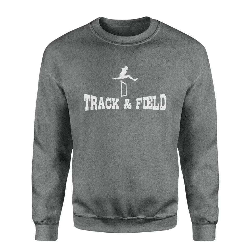 basic hurdles with hurdler icon on a sweatshirt with a white graphic