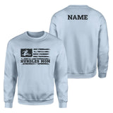 hurdles mom horizontal flag with hurdler name on a sweatshirt with a black graphic