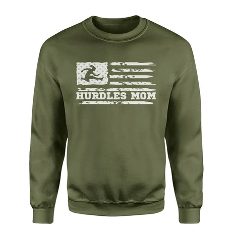 hurdles mom horizontal flag on a sweatshirt with a white graphic