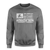 hurdles mom horizontal flag on a sweatshirt with a white graphic