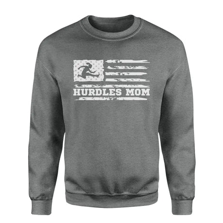 hurdles mom horizontal flag on a sweatshirt with a white graphic