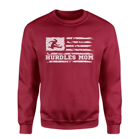 hurdles mom horizontal flag on a sweatshirt with a white graphic