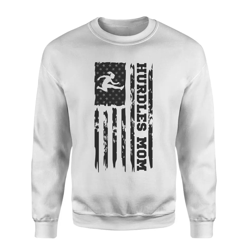 hurdles mom vertical flag on a sweatshirt with a black graphic