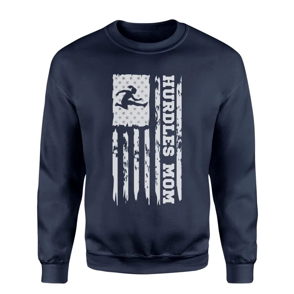 hurdles mom vertical flag on a sweatshirt with a white graphic