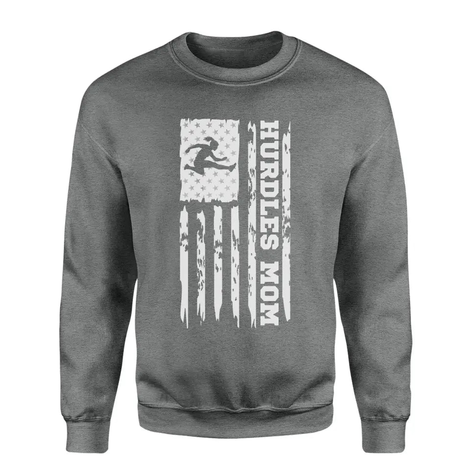 hurdles mom vertical flag on a sweatshirt with a white graphic