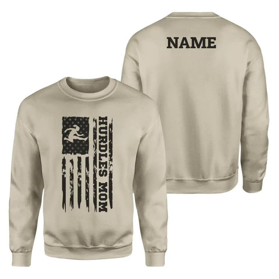 hurdles mom vertical flag with hurdler name on a sweatshirt with a black graphic