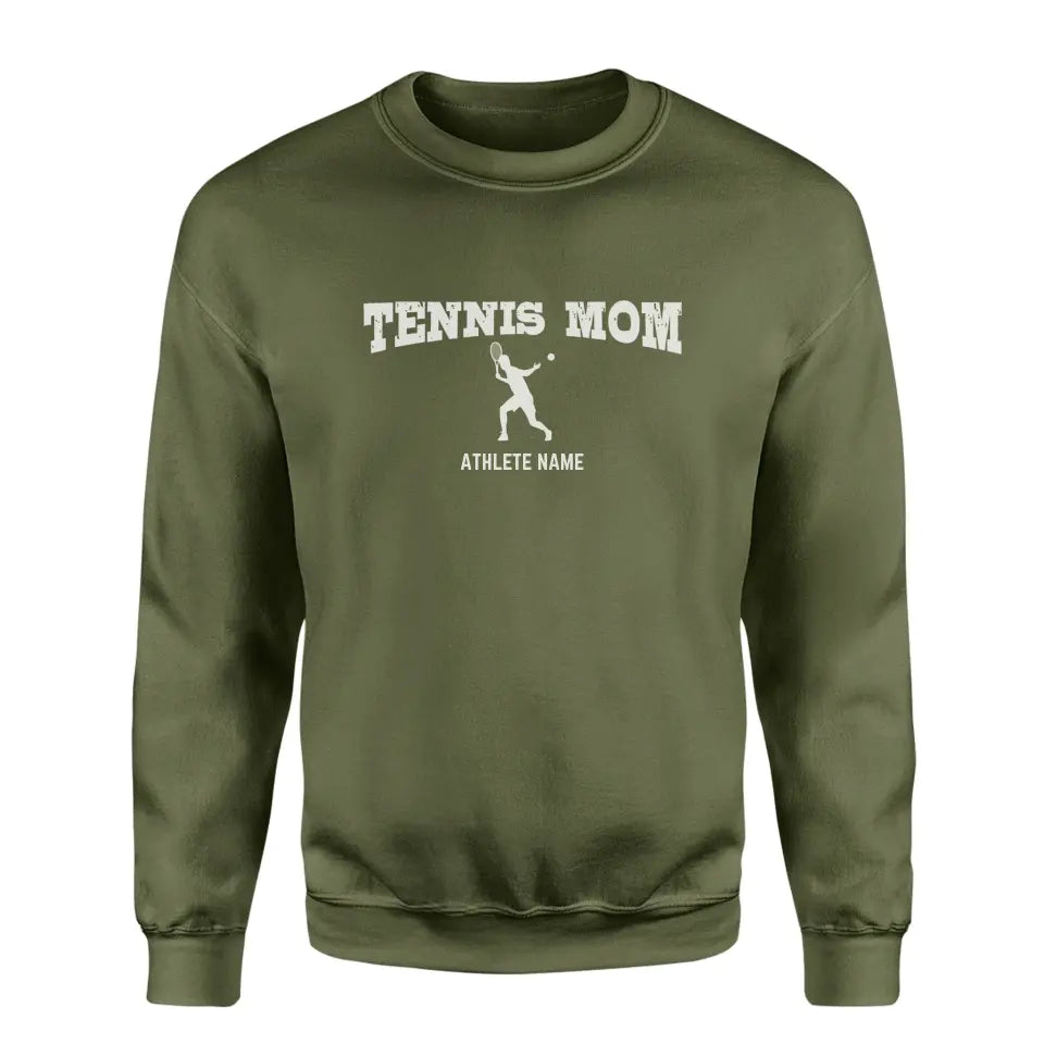 Tennis Mom with Tennis Player Icon and Tennis Player Name on a Sweatshirt with a White Graphic