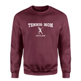 Tennis Mom with Tennis Player Icon and Tennis Player Name on a Sweatshirt with a White Graphic