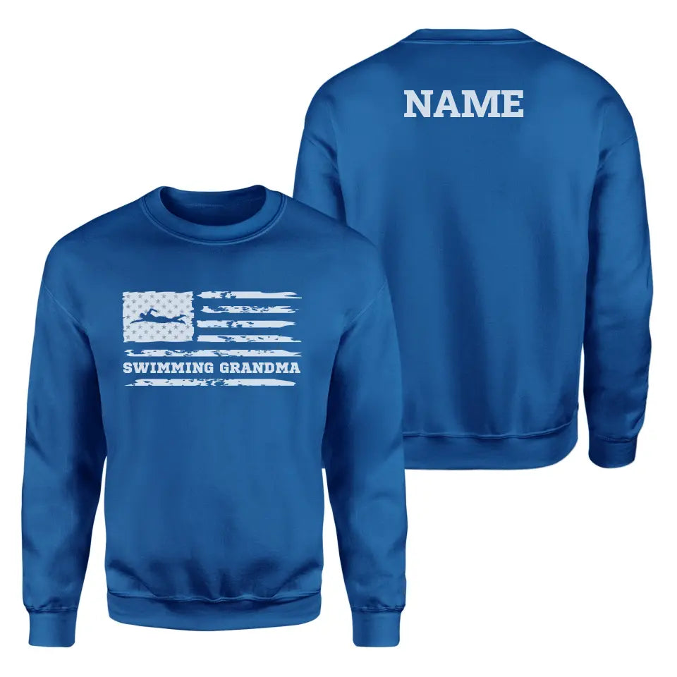 Swimming Grandma Horizontal Flag With Swimmer Name on a Sweatshirt with a White Graphic