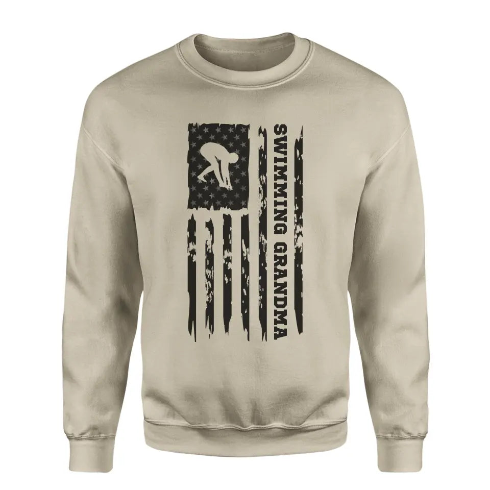 Swimming Grandma Vertical Flag on a Sweatshirt with a Black Graphic