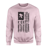 Swimming Grandma Vertical Flag on a Sweatshirt with a Black Graphic