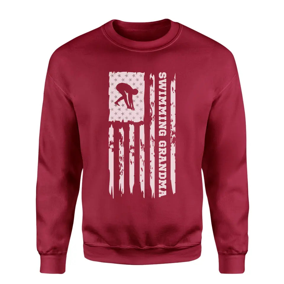 Swimming Grandma Vertical Flag on a Sweatshirt with a White Graphic