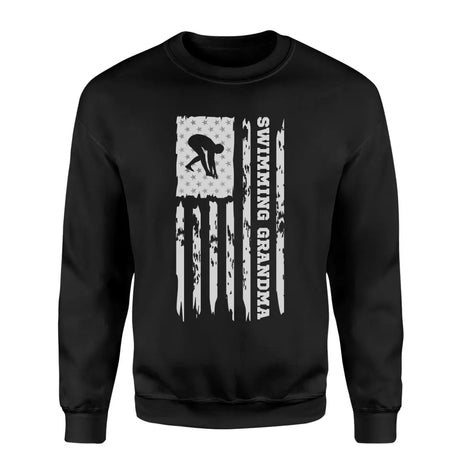 Swimming Grandma Vertical Flag on a Sweatshirt with a White Graphic