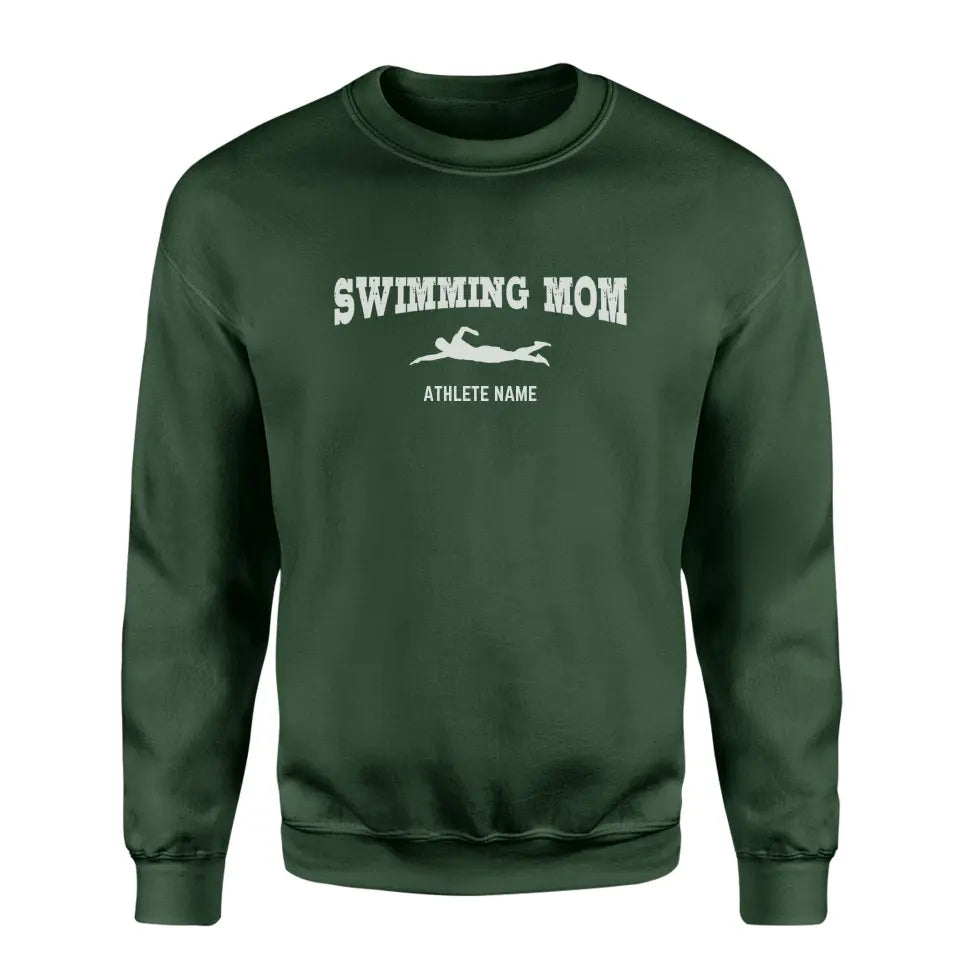 Swimming Mom with Swimmer Icon and Swimmer Name on a Sweatshirt with a White Graphic