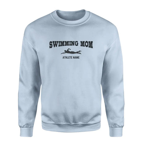 Swimming Mom with Swimmer Icon and Swimmer Name on a Sweatshirt with a Black Graphic