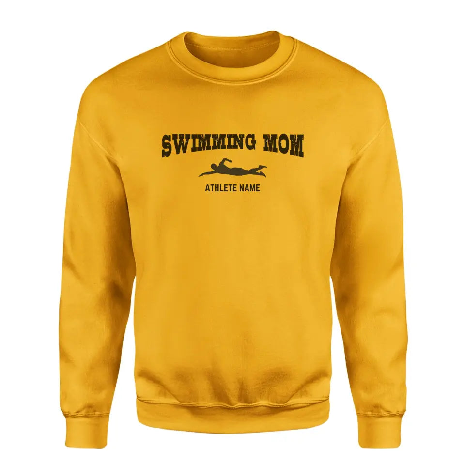 Swimming Mom with Swimmer Icon and Swimmer Name on a Sweatshirt with a Black Graphic