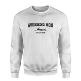 Swimming Mom with Swimmer Icon and Swimmer Name on a Sweatshirt with a Black Graphic