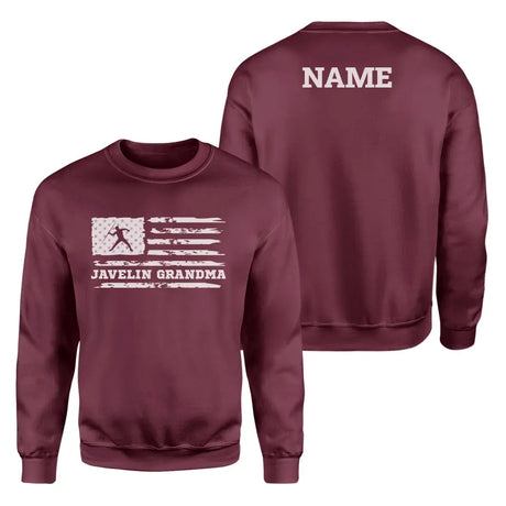 Javelin Grandma Horizontal Flag With Javelin Thrower Name on a Sweatshirt with a White Graphic