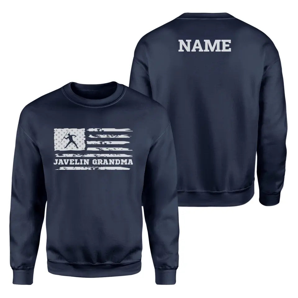 Javelin Grandma Horizontal Flag With Javelin Thrower Name on a Sweatshirt with a White Graphic