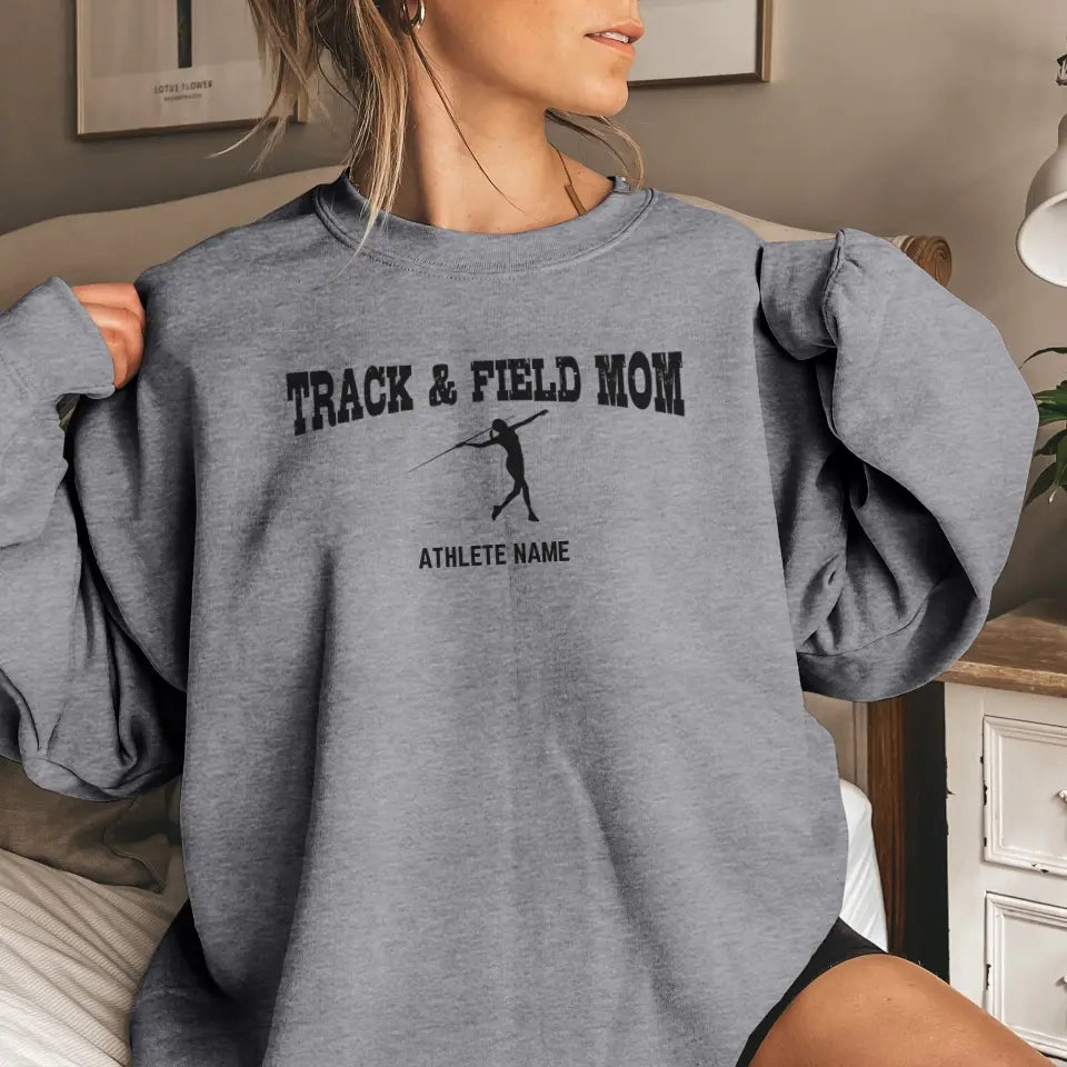 javelin mom with javelin thrower icon and javelin thrower name on a sweatshirt with a black graphic