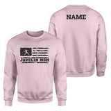 javelin mom horizontal flag with javelin thrower name on a sweatshirt with a black graphic