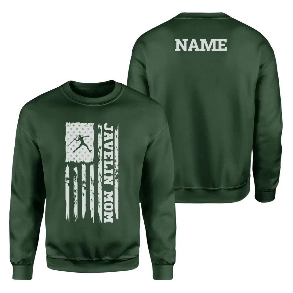 Javelin Mom Vertical Flag With Javelin Thrower Name on a Sweatshirt with a White Graphic