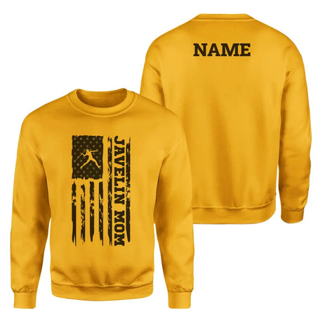 javelin mom vertical flag with javelin thrower name on a sweatshirt with a black graphic