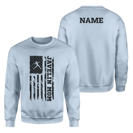 javelin mom vertical flag with javelin thrower name on a sweatshirt with a black graphic