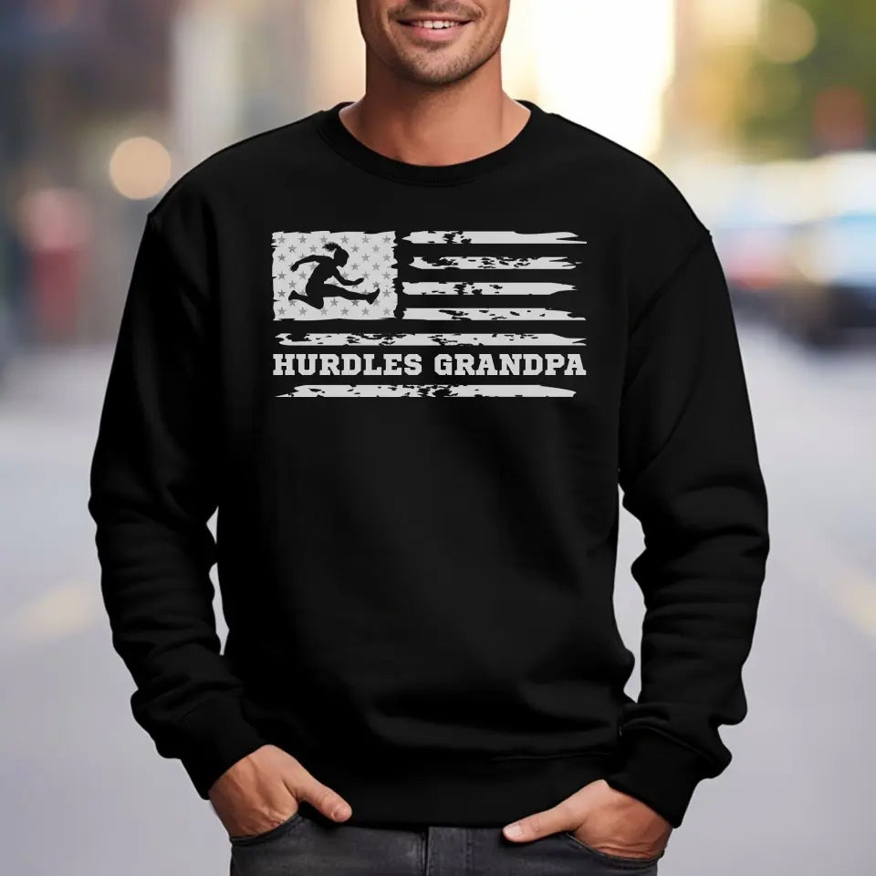 hurdles grandpa horizontal flag on a sweatshirt with a white graphic