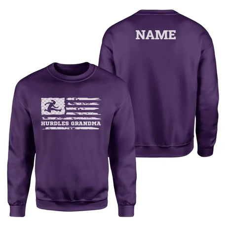 Hurdles Grandma Horizontal Flag With Hurdler Name on a Sweatshirt with a White Graphic