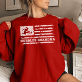 hurdles grandma horizontal flag on a sweatshirt with a white graphic