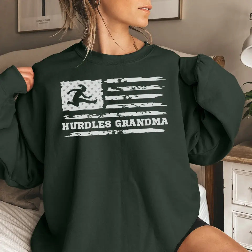 hurdles grandma horizontal flag on a sweatshirt with a white graphic