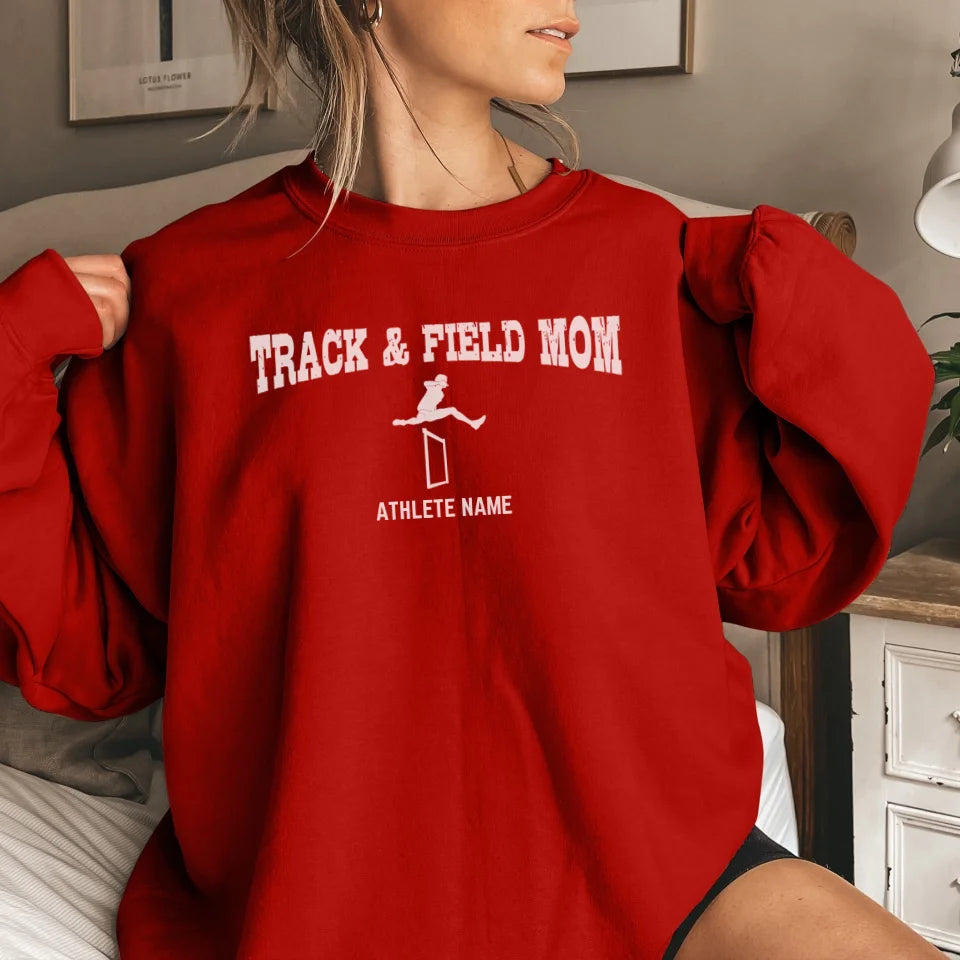 hurdles mom with hurdler icon and hurdler name on a sweatshirt with a white graphic