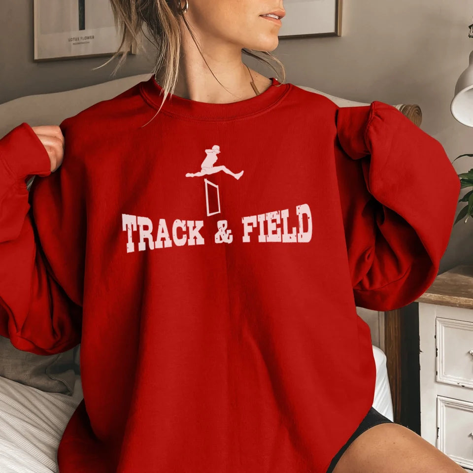 basic hurdles with hurdler icon on a sweatshirt with a white graphic