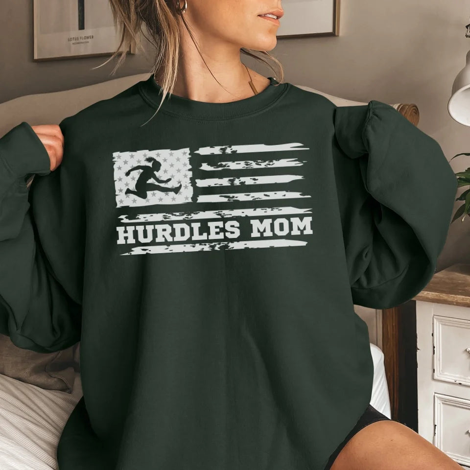 Hurdles Mom Horizontal Flag on a Sweatshirt with a White Graphic