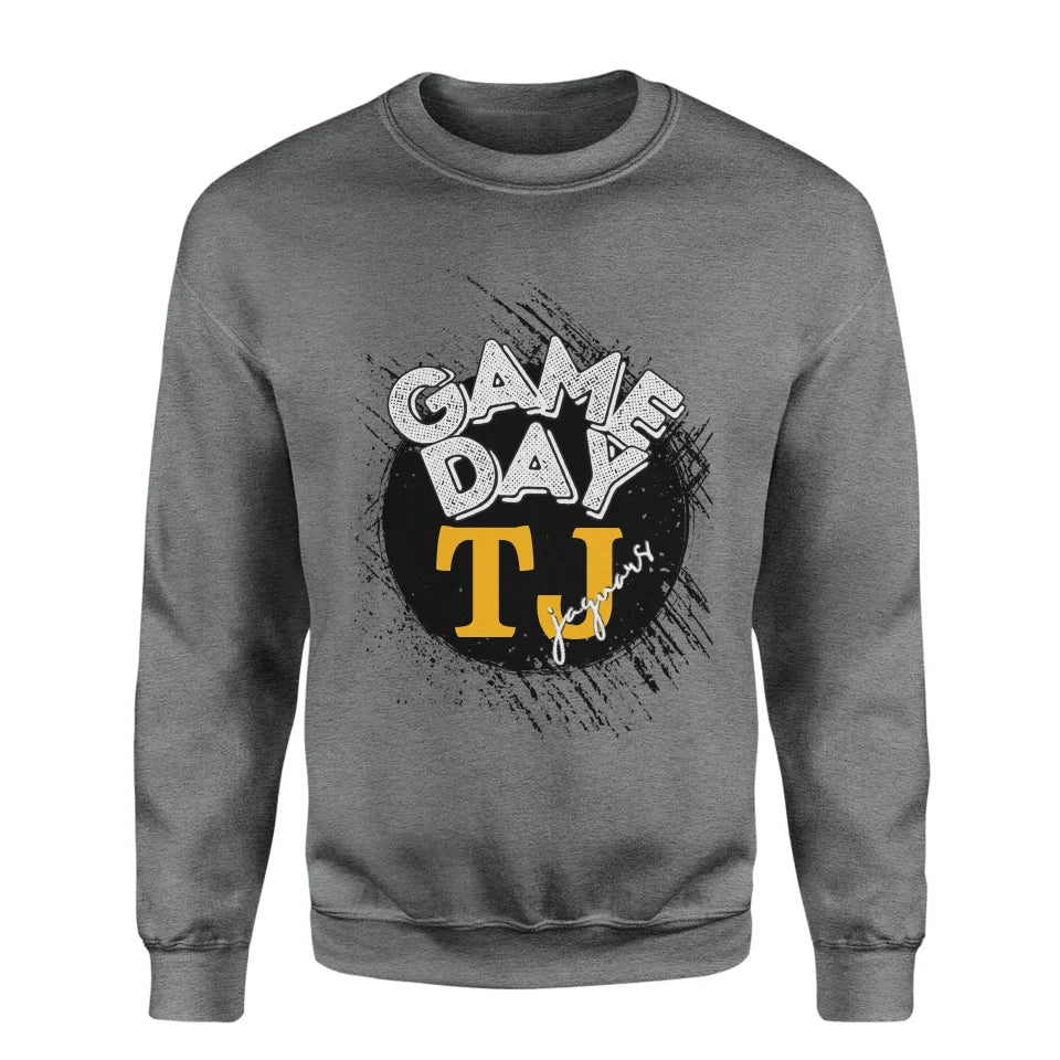 custom distressed game day graphic on a sweatshirt