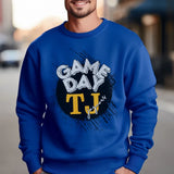 custom distressed game day graphic on a sweatshirt