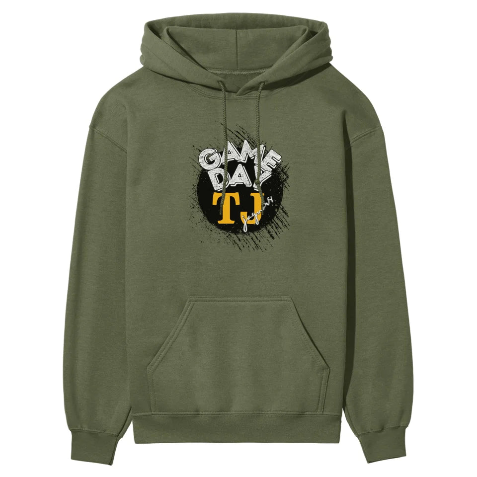 custom distressed game day graphic on a hoodie