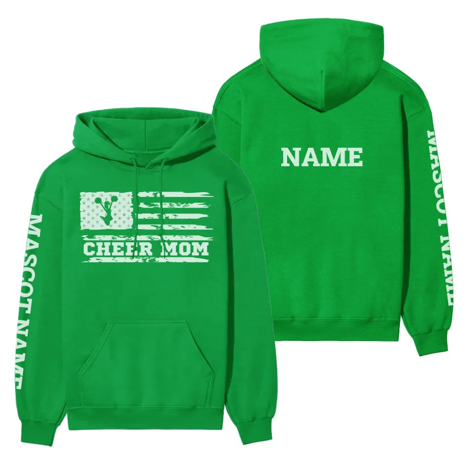 cheer mom horizontal flag with cheerleader name on a hoodie with a white graphic