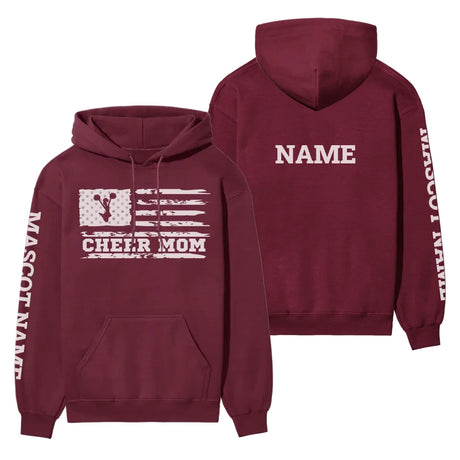 cheer mom horizontal flag with cheerleader name on a hoodie with a white graphic