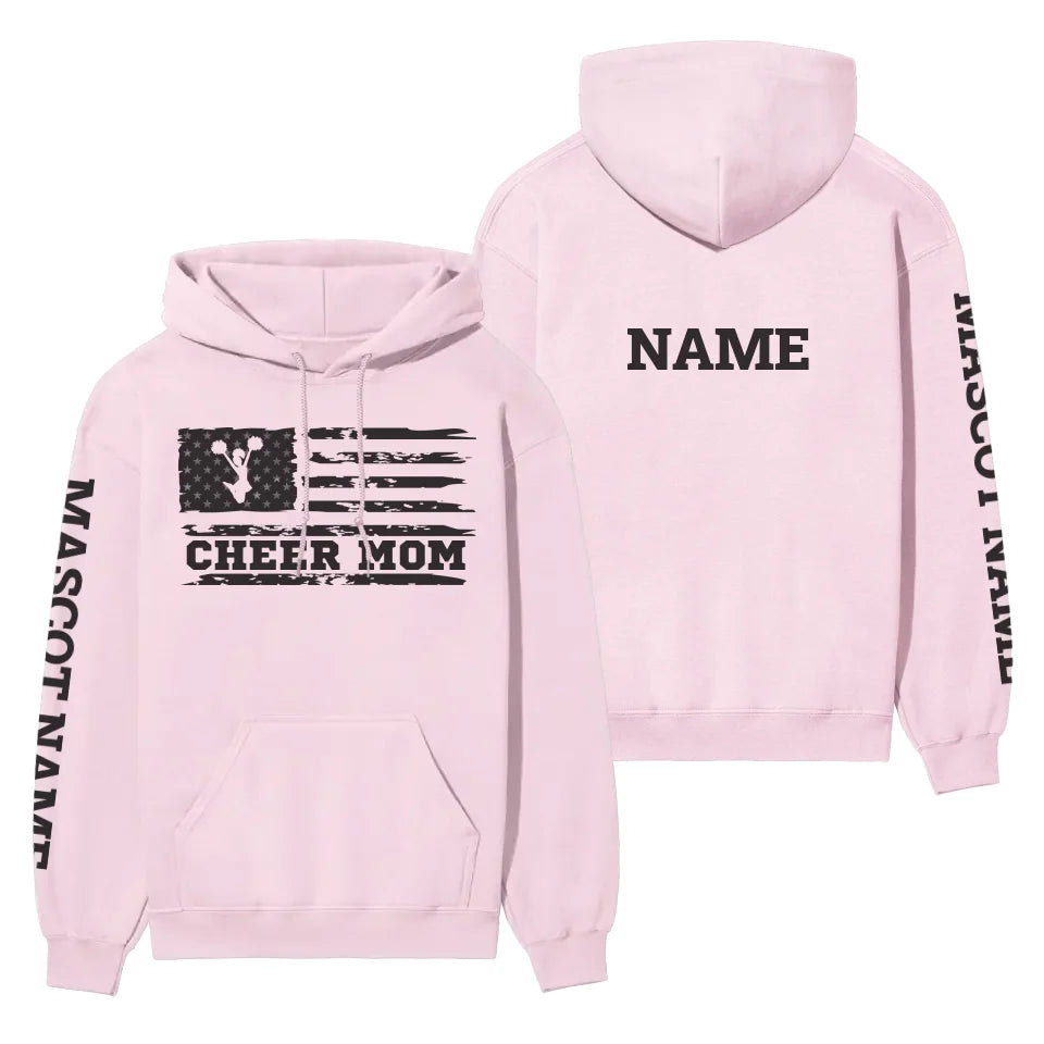 cheer mom horizontal flag with cheerleader name on a hoodie with a black graphic